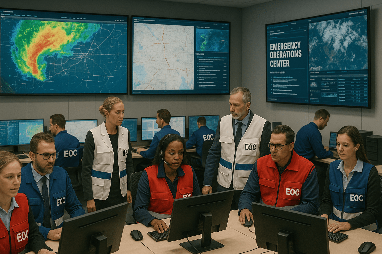 Emergency Operations Center team coordinating response operations in real-time.
