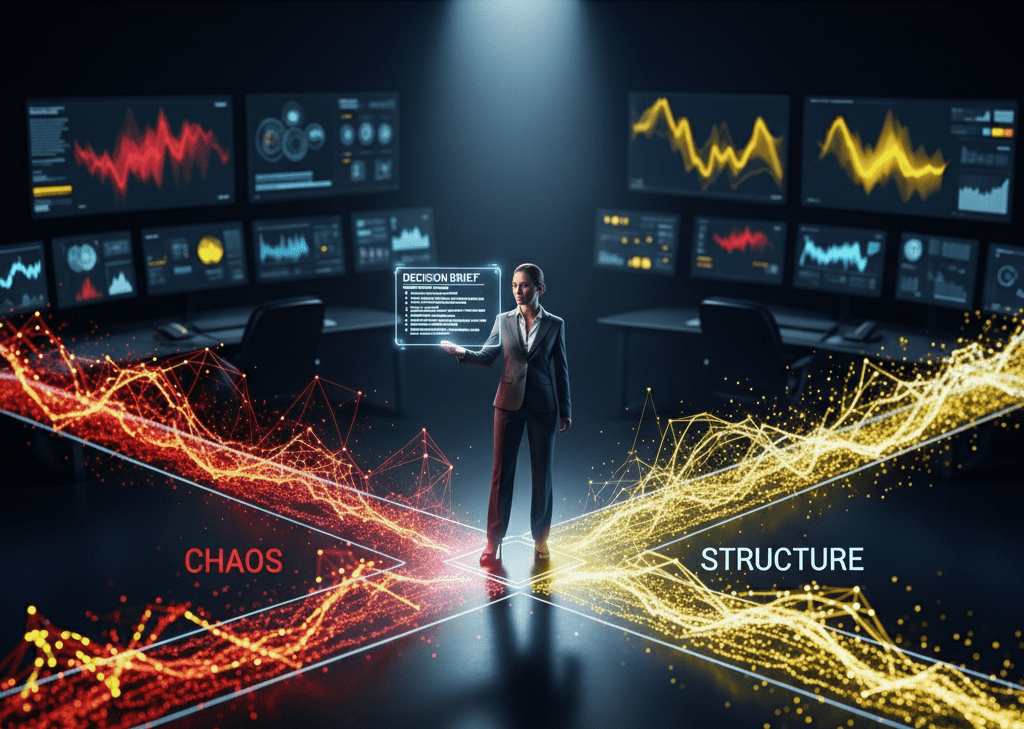 intersection of chaos and structure “Abstract image of tangled chaotic lines on one side and a smooth glowing pathway on the other, divided by a compass decision point. Clean, modern design in red, yellow, and black. Represents cutting through noise and finding clarity with the TEAM Solutions Decision Assistant.”