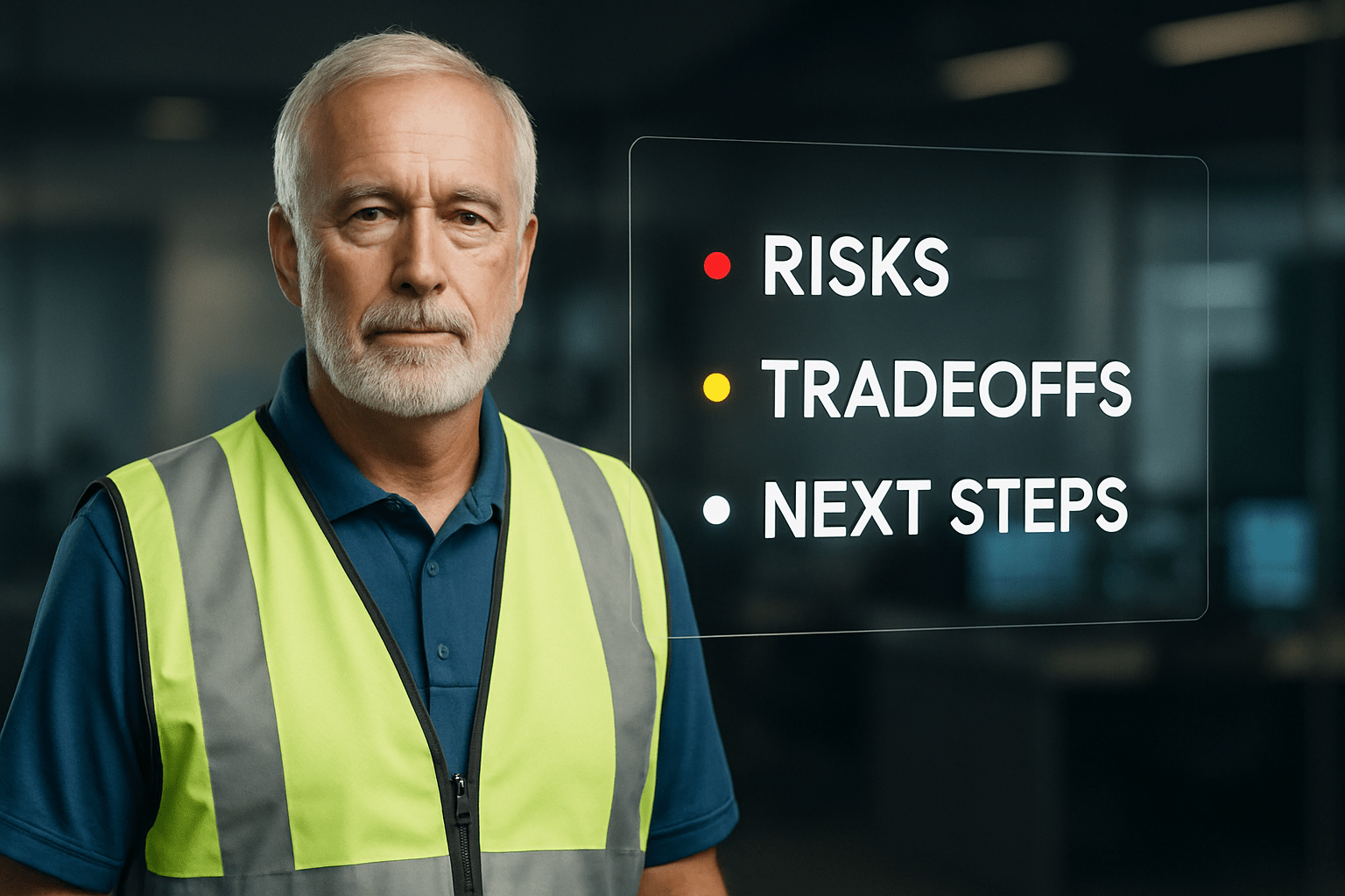 “Confident leader in front of a transparent digital screen showing bullet points labeled Risks, Tradeoffs, and Next Steps. Professional command-center background, glowing accents in TEAM Solutions colors red, yellow, and black. Symbolizes AI-powered clarity for decision makers.”